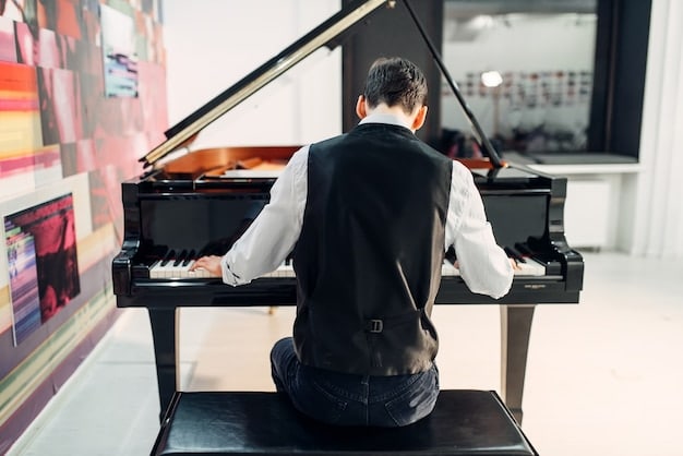 A composer meticulously working on a musical score, surrounded by grand pianos, an orchestral setup, and sound engineering equipment, reflecting the intricate process of creating a complex series soundtrack.