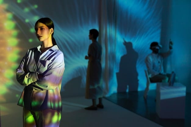 A stylized representation of diverse actors and creators in a studio setting, with blurred digital interfaces in the background, signifying collaboration and innovation in media production, maintaining a sense of mystery and potential.