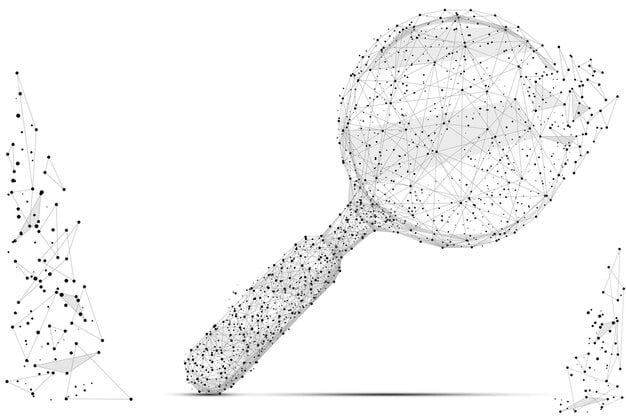 A magnifying glass hovering over complex flowcharts and interconnected dots, symbolizing detailed analysis and understanding of intricate concepts.