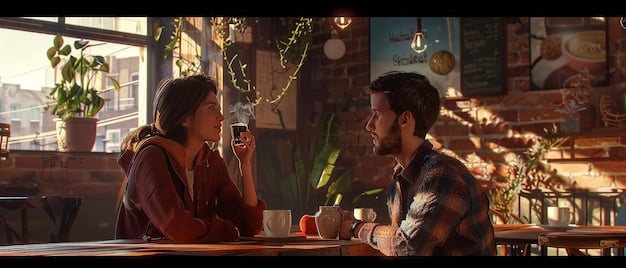 Two people engaged in an animated conversation in a cafe, gesturing thoughtfully, representing a deep and vague discussion about a movie or show without revealing specific plot details.