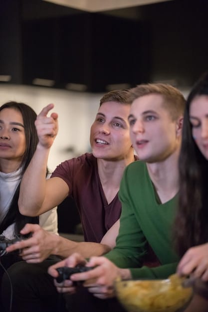A group of friends laughing and pointing at a movie screen during a club gathering. The image emphasizes camaraderie and shared enjoyment.