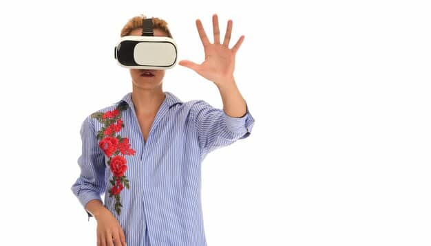 A person wearing a sleek VR headset, hands extended as if interacting with a holographic interface, surrounded by lush, vibrant virtual landscapes and fantastical creatures, illustrating the immersive power of virtual reality storytelling.