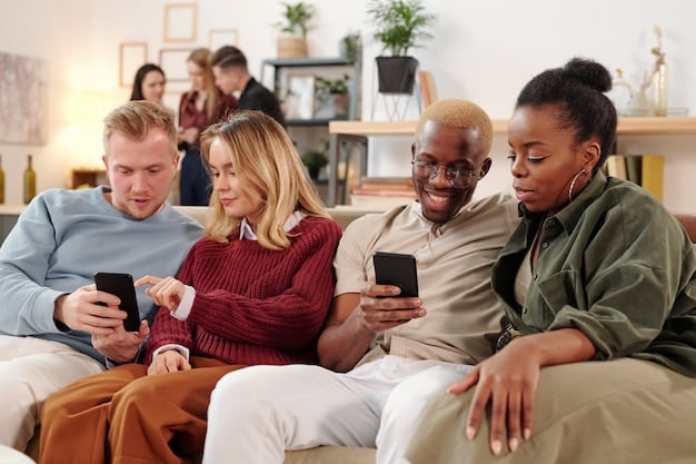 A diverse group of people sitting on a couch, each looking at their own device (phone, tablet, laptop), smiling and engaged with different types of streaming content, illustrating personalized viewing.