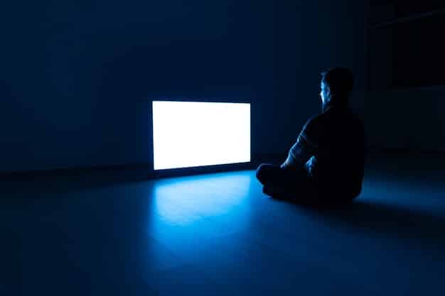 A silhouette of a person sitting intently, bathed in the glow of a screen, with question marks and thought bubbles subtly emanating from their head, representing deep immersion and anticipation of a story.