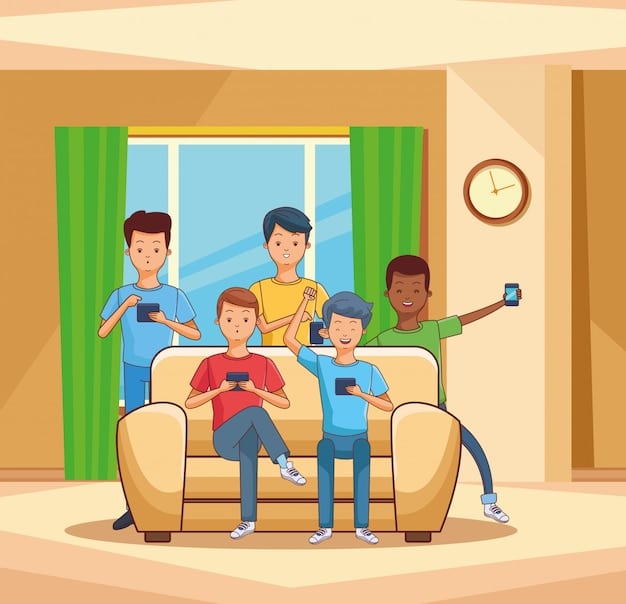 A family gathered around a tablet, all looking intently at the screen, with smiles and expressions of engaged discussion, perhaps choosing a movie or reacting to a scene.
