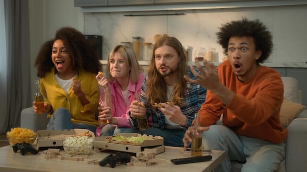 A group of friends excitedly discussing a movie, with one friend playfully putting a finger to their lips, signaling 