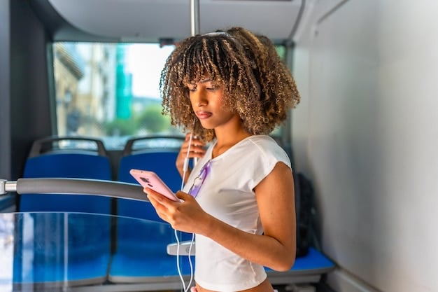 A person on a bus in Brazil, using their smartphone to watch downloaded content from a streaming service. The bus window shows a bustling city street scene, symbolizing how offline viewing can provide entertainment on the go without using mobile data. Streaming and Data Usage: How to Minimize Your Internet Consumption in Brazil in the context.