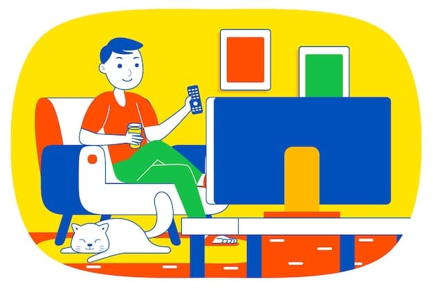An illustration showing a person sitting on a couch with a remote control, with a series of alarm clocks and healthy snack options surrounding them. The illustration emphasizes the importance of setting time limits and incorporating healthy habits while binge-watching.
