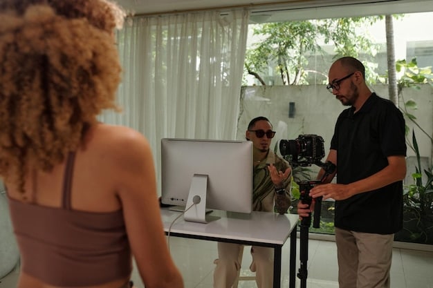 A behind-the-scenes shot of a Brazilian film set, focusing on the director (possibly Kleber Mendonça Filho or Anna Muylaert) giving instructions to the cast and crew. The image captures the collaborative atmosphere and attention to detail that goes into creating high-quality streaming content.