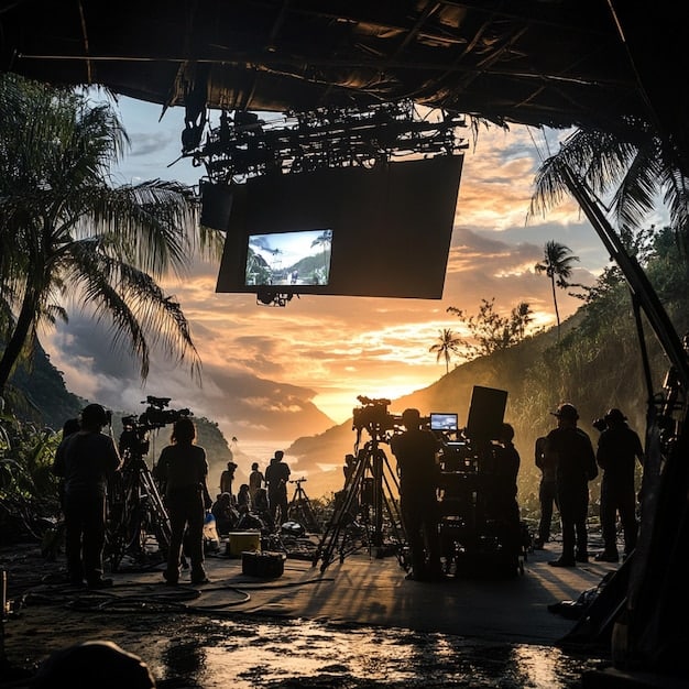 A split-screen image. On one side, a movie set in Brazil with actors filming. On the other side, a person browsing a streaming service on a tablet, showcasing Brazilian movies and TV shows. The image highlights the importance of promoting and consuming local Brazilian content.