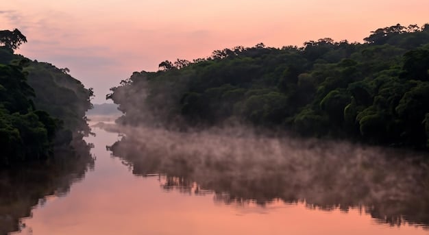 A wide shot of the Amazon rainforest canopy at sunrise, with mist rising from the trees and a river winding through the dense jungle, conveying immense scale and natural beauty.