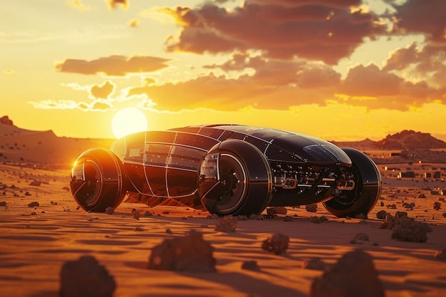 A futuristic vehicle traversing a vast, dusty Brazilian sertão landscape under a harsh, orange sky. Distant, advanced structures hint at a technologically developed but environmentally ravaged world.