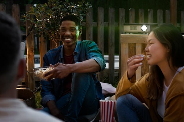 A diverse group of young Brazilians animatedly discussing a film outside a cinema after a screening, illustrating the social impact and communal experience of cinema.