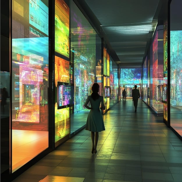 A brightly lit, modern cinema lobby in Brazil with digital displays advertising a mix of Hollywood blockbusters and Brazilian independent films. People are seen buying tickets and snacks, indicating a positive atmosphere and diverse film options.