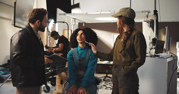 A behind-the-scenes shot of a diverse film crew on a Brazilian film set. The director, a woman with a focused expression, is discussing a scene with the cinematographer. The atmosphere is collaborative and professional, highlighting the talent and dedication of the Brazilian film industry. Confirmed: Major Hollywood Studio Investing $5 Million in Brazilian Film Production.