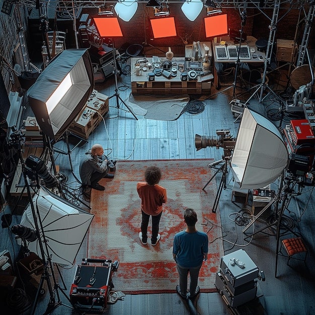 A film set in Canada with a large crew working on a scene. The image symbolizes the economic impact of successful film incentive programs and the job opportunities they create. The set is bustling with activity, indicating a thriving film industry supported by government initiatives. The image offers a visual example of a successful film incentive program in action.