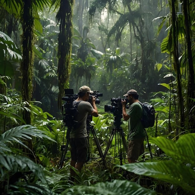 A production crew setting up filming equipment in a dense part of the Amazon rainforest. Visible are cameras, lighting rigs, and crew members navigating the terrain. The image captures the challenges of filming in such a remote and environmentally sensitive location, impacting the progress of 'Amazonia 2.0'.