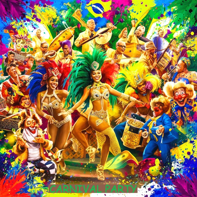 A vibrant scene from a Brazilian Carnival celebration. The image is filled with colorful costumes, energetic dancers, and lively music. The atmosphere is one of joy, excitement, and cultural richness.