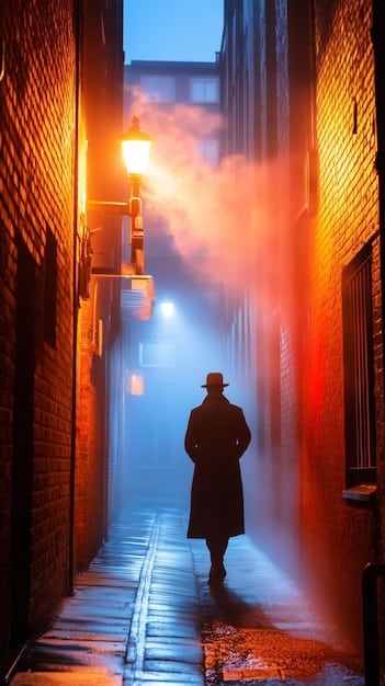 A silhouette of a character in a trench coat standing in a dimly lit alley, looking at a crime scene from a distance, with rain streaks on the camera lens.