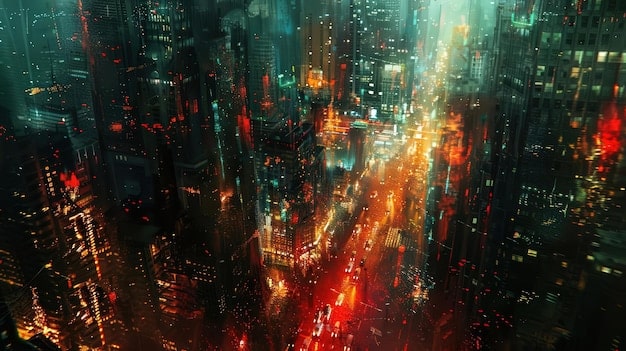 A futuristic cityscape at night, with neon lights reflecting off wet streets, and digital code lines overlaying the image, suggesting a technological crime.