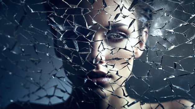 A woman's face shown in fragmented pieces, like shattered glass, with distorted reflections in each shard, symbolizing a shattered memory or a fragmented mind. The lighting is dark and unsettling.