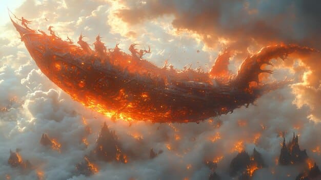 A close-up shot of a Targaryen banner engulfed in flames, symbolizing the destruction and chaos of the Dance of the Dragons in 'House of the Dragon' Season 2: Analyzing the New Trailers and Potential Plot Twists.
