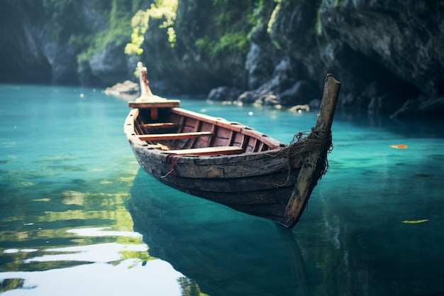 A wide shot of a traditional Thai longtail boat floating on crystal-clear turquoise water, surrounded by towering limestone cliffs covered in lush vegetation. The scene is brightly lit, showcasing the natural beauty of Thailand.