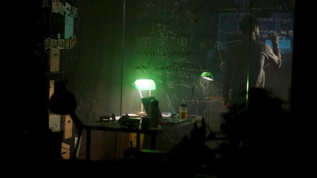 A dimly lit office space within Lumon Industries, featuring mysterious symbols and outdated technology, hinting at the dark secrets and unsettling corporate atmosphere that will be further explored in 'Severance' Season 2: What to Expect from the Mind-Bending Thriller.