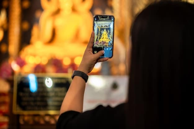 A person uses their smartphone to manage their social media settings at a film festival. They are muting accounts and filtering keywords to avoid spoilers. The background shows the festival environment with posters and crowds.