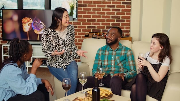 A diverse group of friends enthusiastically discussing a TV show around a coffee table, with laptops and tablets displaying streaming services. The scene highlights the excitement and social aspect of discovering new shows spoiler-free in Brazil.