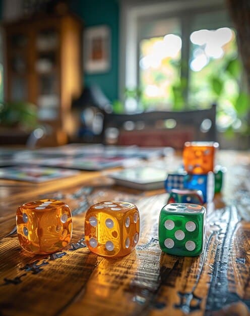 A brightly lit table with several board games stacked on it. Next to it, a shelf displays various books and magazines. The area is clearly marked with a fun sign that reads 