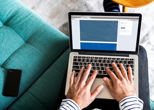A person using a laptop with multiple browser tabs open. One tab shows a social media site with muted keywords related to movies. The background shows a cozy living room setting with a TV screen displaying a paused movie. Illustrates techniques used to enjoy a movie marathon spoiler-free: A guide to watching multiple films without getting anything ruined in BR