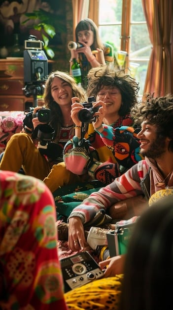 A diverse group of friends in BR joyfully reacting to a surprising scene in a movie, some gasping, others laughing. The background shows typical BR decorations and cultural items.