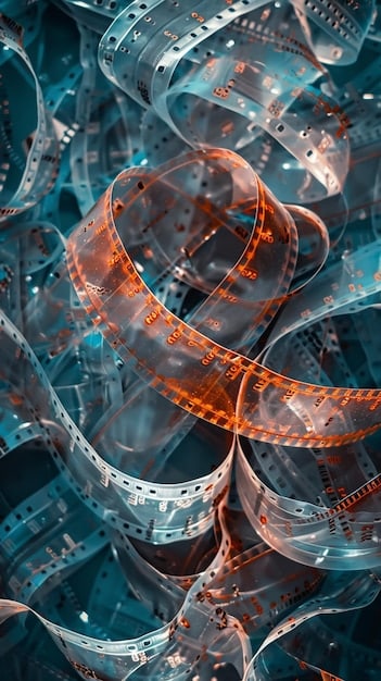 A close-up of a film reel with abstract symbols overlaid, representing how to break down a movie analysis. The background is blurred and creates the illusion of cinema. Allusion to the Spoiler-Free Movie Analysis: Understanding Themes and Symbolism Without Knowing the Plot in BR.