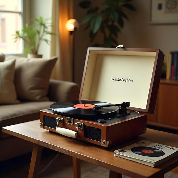A vinyl record of a popular movie soundtrack, displayed on a turntable in a cozy living room. The lighting is warm, creating a nostalgic atmosphere. This image represents the physical appreciation of movie music.