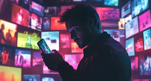 A person using various digital tools, like social media filters and ad blockers, on their smartphone to actively block incoming movie spoilers. The background shows a chaotic stream of online content.