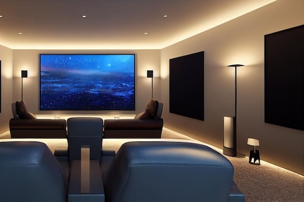 A home theater setup with comfortable seating, dim lighting, and a large screen displaying a movie scene. Popcorn and drinks are placed nearby, creating an inviting atmosphere for a movie rewatch. The image represents creating the right atmosphere for a spoiler-free experience.