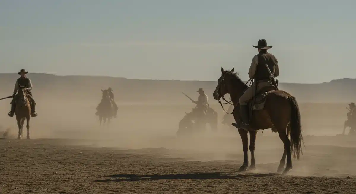 Tense moment in a 19th-century American frontier historical drama