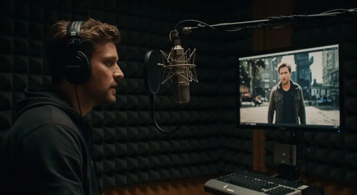 Actor re-recording dialog in a sound booth for ADR session.