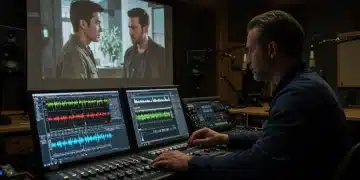 Sound engineer performing ADR for an action thriller, adjusting audio for a dramatic scene.