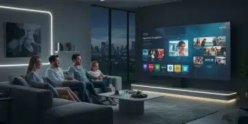 Futuristic family enjoying AI-powered streaming recommendations on a large screen