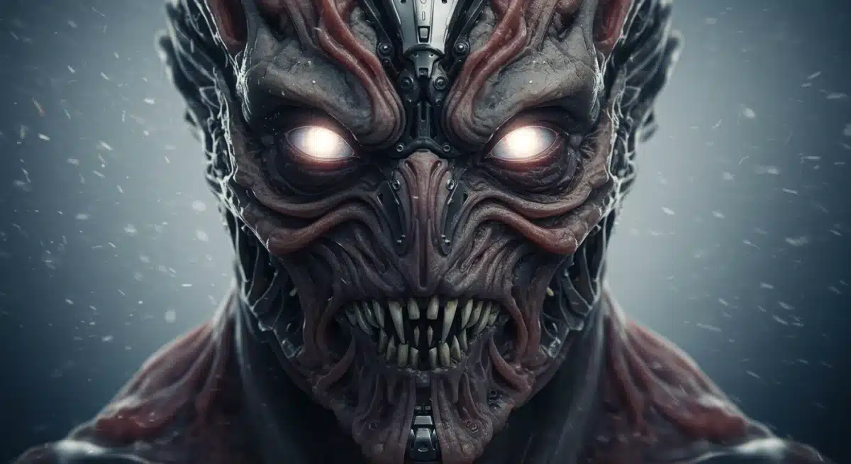 Close-up of an alien creature's face with glowing eyes, demonstrating advanced CGI.