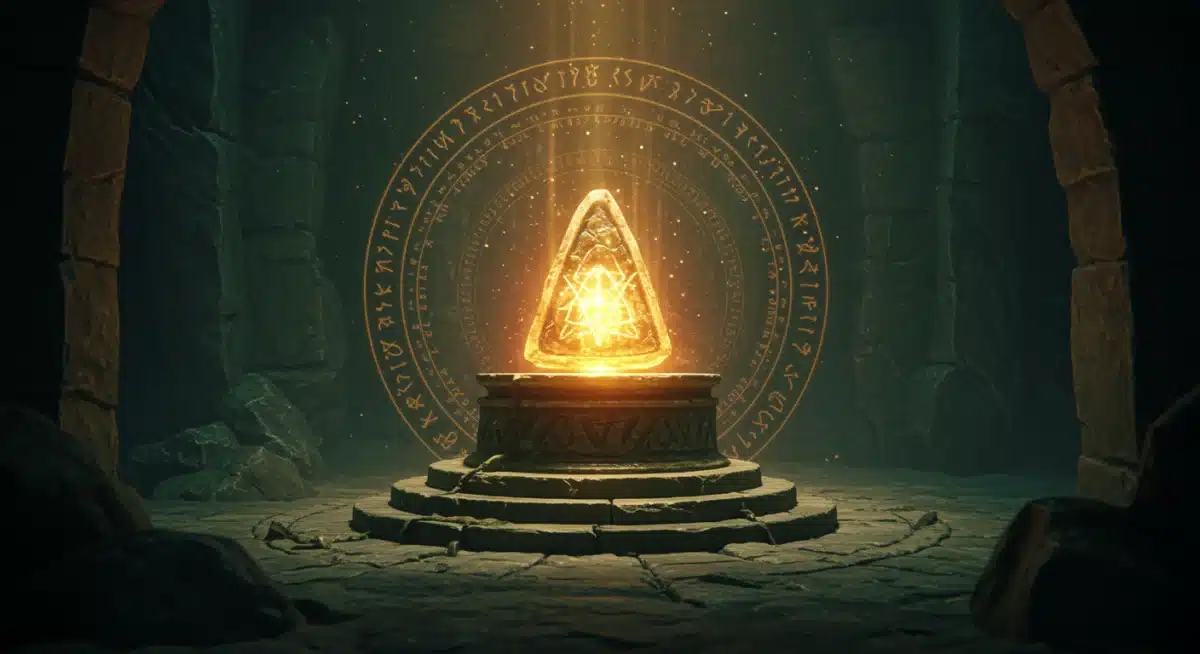 Ancient glowing magical artifact on a stone pedestal in a mystical cavern, radiating power.