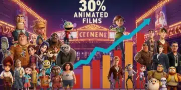 Vibrant animated film characters celebrating 30% box office market share in 2024, with rising revenue graph.