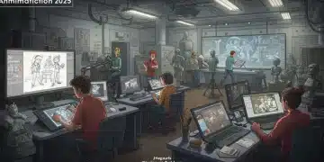 Artists collaborating in a dynamic animation studio environment, developing a 2025 major feature film.