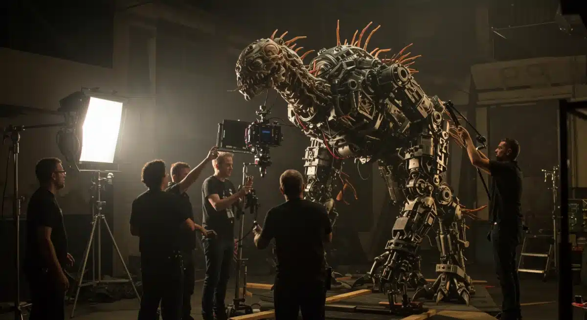 Film crew operating a detailed animatronic creature on a movie set for a sci-fi production, emphasizing practical effects craftsmanship.