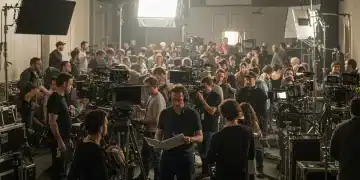 Assistant Director orchestrating a large film crew on an active set