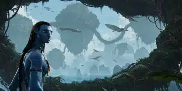 Majestic Na'vi character stands amidst bioluminescent Pandora landscape, embodying Avatar 3's epic scale and visual splendor.
