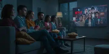 Viewers binge-watching a streaming series on a large TV, illustrating modern entertainment habits.
