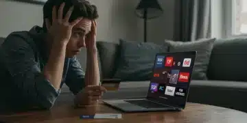 Frustrated person attempting to cancel streaming service subscriptions on a laptop with credit card.